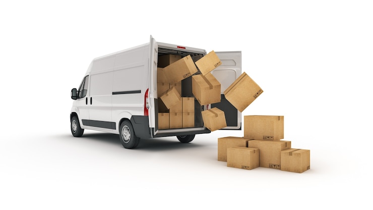 Foto commercial delivery vans with cardboard boxes 3d rendering