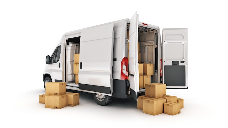 Foto commercial delivery vans with cardboard boxes 3d rendering