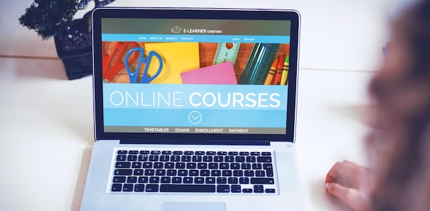 composite 3d image of computer generated image of online education interface on screen