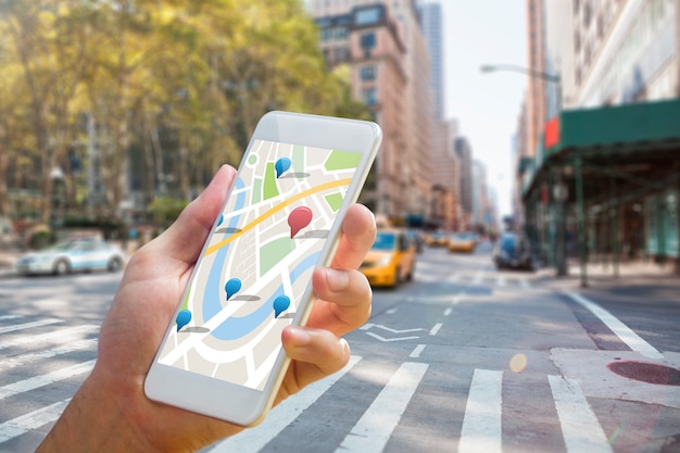 Composite image of man using map app on phone
