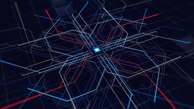 Computer diagram of moving networks of internet animation centralized diagram with moving neon lines