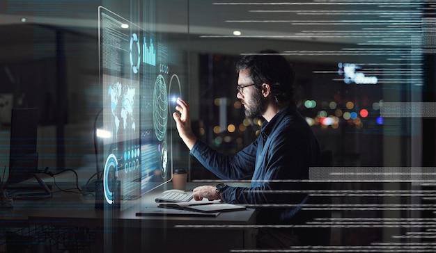 Computer hologram and touchscreen of business man with data analysis digital coding and programming at night holographic software overlay of IT person information technology research and desktop