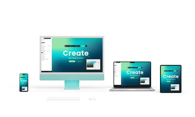Computer laptop tablet and phone displays showcase a responsive website creator interface