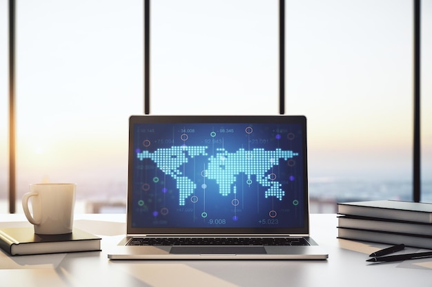 Computer monitor with abstract creative digital world map globalization concept 3D Rendering