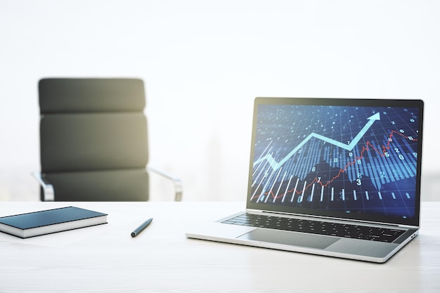 Computer monitor with abstract creative financial graph and upward arrow financial and trading concept 3D Rendering