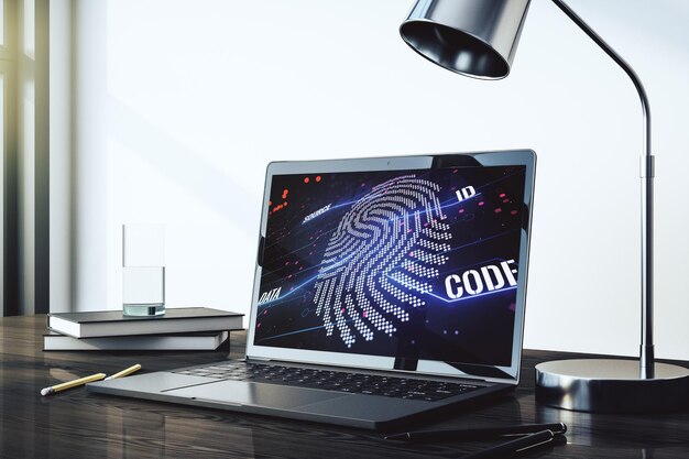 computer monitor with abstract creative fingerprint illustration personal biometric data concept 3d rendering