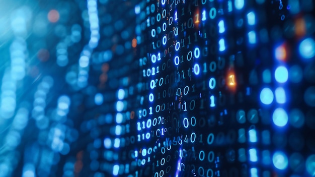 computer science and digital coding binary information stream cybersecurity and network technology concept blue abstract