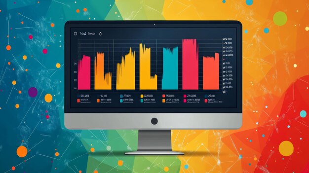computer screen displaying colorful charts on an abstract background