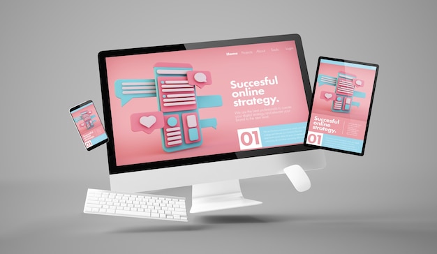 computer, tablet and smartphone showing online marketing responsive website with white scren 3d rendering