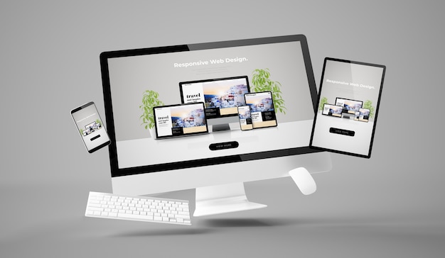 Computer, tablet and smartphone showing responsive website 3d rendering