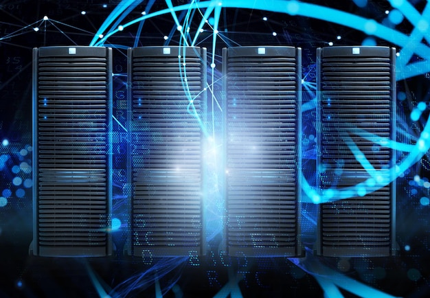 Concept of a data center room with database server and network effects