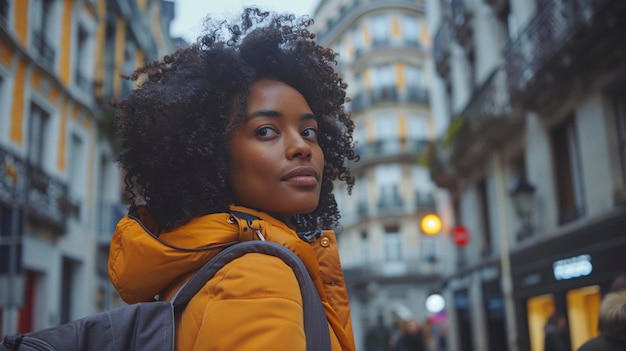Confident black woman with travel bag traveling through busy city street in European city