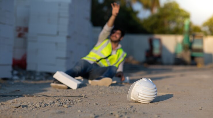 Foto construction worker has an accident lying on the floor while working in construction site. accident at work