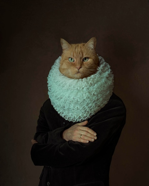 Contemporary art man headed by cats head in a business style suit trendy collage in magazine style