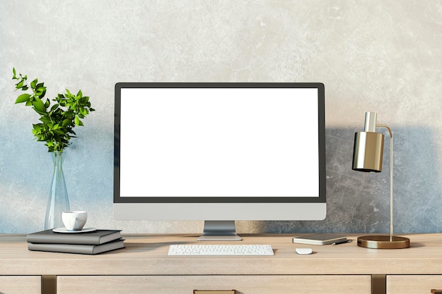 Contemporary designer desktop with empty white computer monitor lamp supplies and other items Concrete wall background Mock up 3D Rendering