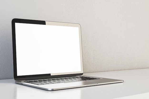 Contemporary designer office interior with white mock up laptop Concrete wall background Workplace and close up concept 3D Rendering