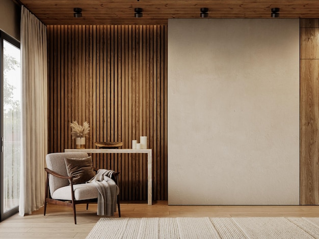 Contemporary loft interior with armchair wood wall panels blank wall console carpet and decor 3d