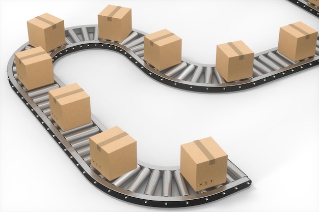 conveyor belt and product boxes, 3d rendering.