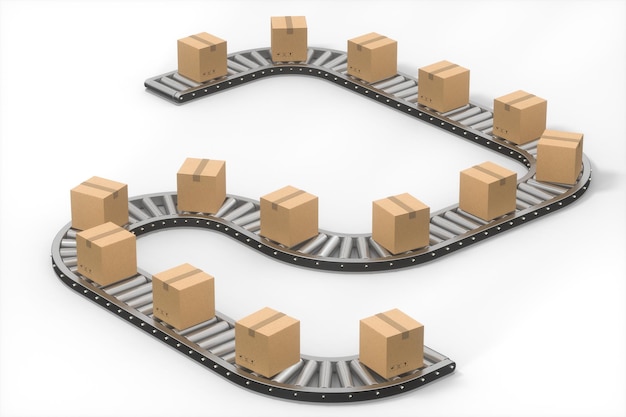 conveyor belt and product boxes, 3d rendering.