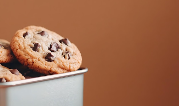 cookies in a metal tin against a brown background