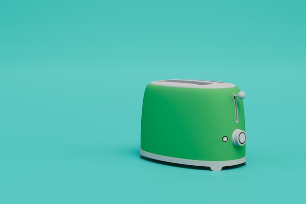 cooking croutons in a toaster. green toaster on a turquoise background. copy paste, copy space