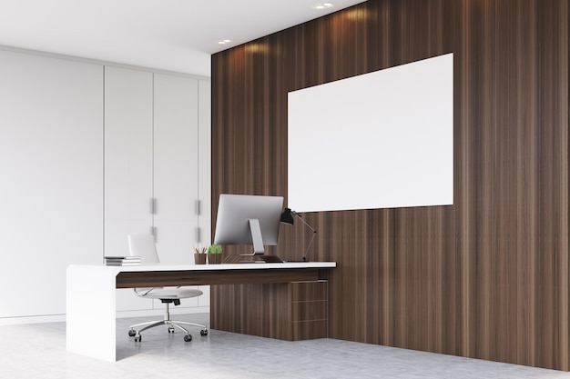 Corner of a CEO office with dark wooden walls, a horizontal poster and a table with a computer on it. 3d rendering. Mock up.