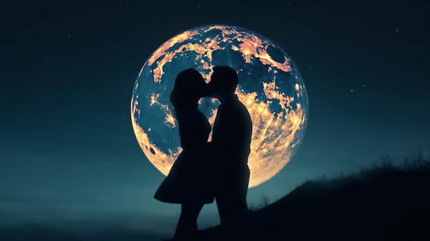 couple kissing on the background of the full moon generative ai