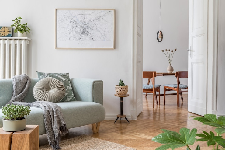 Foto cozy and creative composition of stylish living room interior design with green sofa, wooden furniture, plants and accessories. white walls, parquet floor.