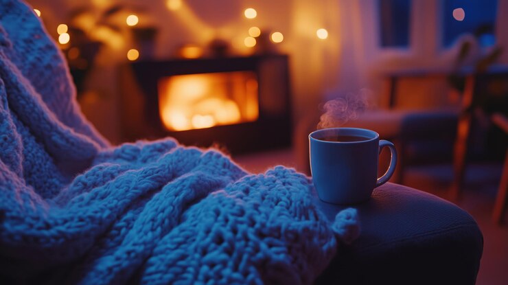Foto cozy evening with warm drink knitted blanket glowing fireplace ambiance