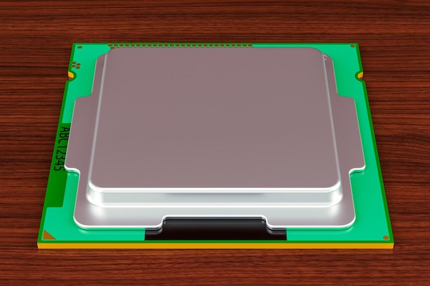 CPU computer processor unit on the wooden table 3D rendering