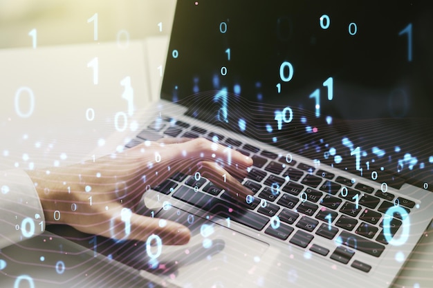 Creative abstract binary code hologram and hands typing on computer keyboard on background AI and machine learning concept Multiexposure