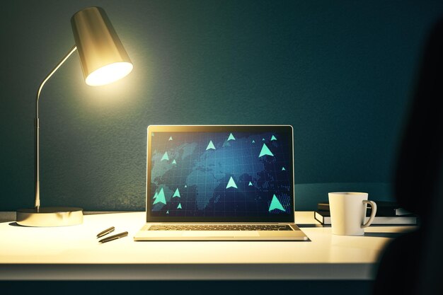 creative abstract geolocations map sketch on modern laptop monitor gps tracking and navigation concept 3d rendering