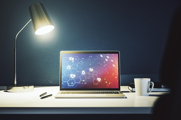 Creative abstract medical hologram on modern computer monitor online medical consulting concept 3D Rendering