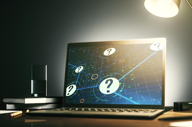 Creative abstract question mark sketch on modern laptop monitor FAQ and research concept 3D Rendering