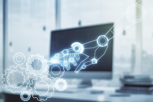 creative abstract robotics technology sketch on modern laptop background future technology and ai concept double exposure