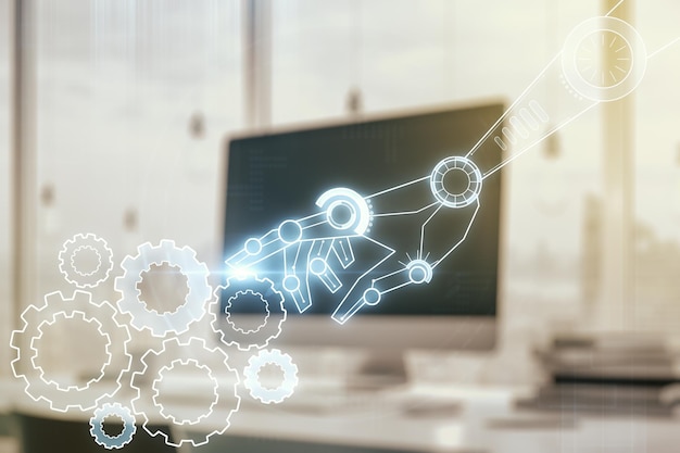 creative abstract robotics technology sketch on modern laptop background future technology and ai concept double exposure