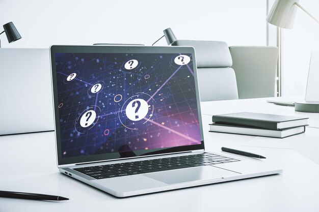 Creative concept of question mark illustration on modern laptop screen FAQ and search concept 3D Rendering