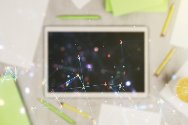 creative concept of wireless technology and modern digital tablet on background top view big data and database concept multiexposure