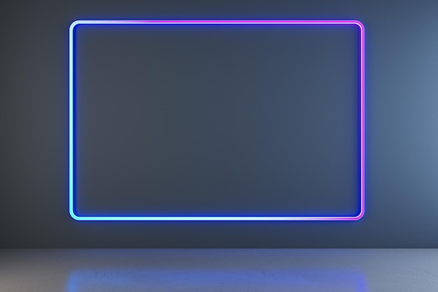 Creative dark neon blue gallery interior with mock up frames on concrete wall Future concept 3D Rendering