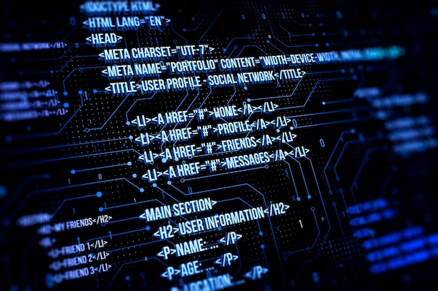Creative digital programming language on dark background Software developer and html concept 3D Rendering