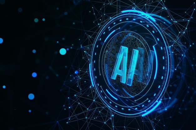 creative glowing polygonal blue ai hologram on dark background artificial intelligence technology and innovation concept 3d rendering