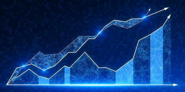 Creative growing digital business chart on blue backdrop Business strategy development and growth plan 3D Rendering