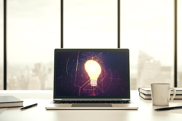 Creative idea concept with light bulb illustration on modern laptop screen 3D Rendering