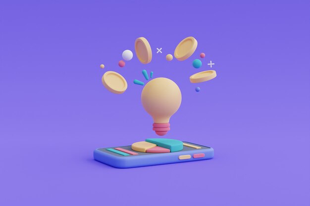 creative ideas for investment concept,light bulb with coins on smartphone with pie chart.3d render.