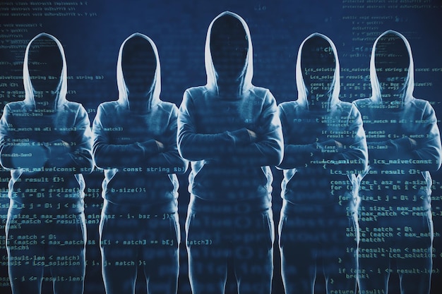 creative image of a group of hackers in hoodies standing on abstract dark coding background malware coding phishing and theft concept double exposure