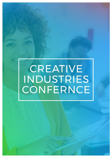 creative industries conference text against african american businesswoman using digital tablet