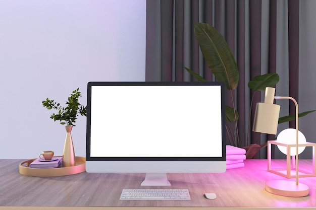 Creative wooden designer office desktop with blank white computer screen decorative plant and other objects Mock up 3D Rendering