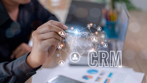 CRM Customer Relationship Management for business sales marketing system concept presented in futuristic graphic interface of service application to support CRM database analysis