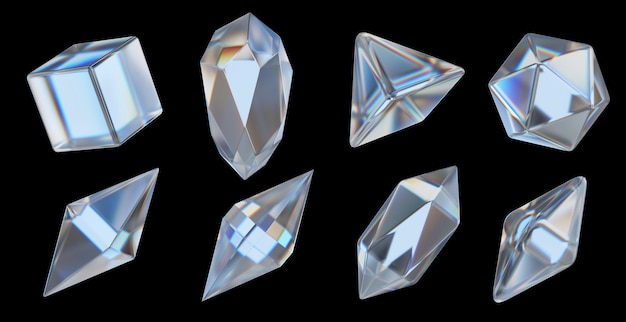 Crystal dispersion geometry shape set isolated on black background 3d rendering without AI generated