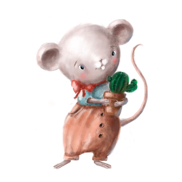 Cute rabbit toy with cactus hand drawn watercolor children's clipart with cartoon character